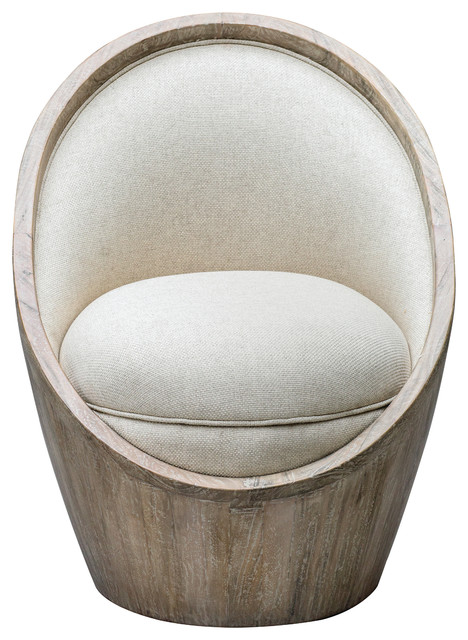 Luxe Mid Century Modern Round Tub Chair | Cream White Light Wood .