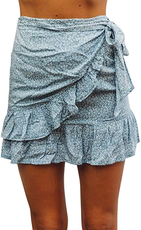 GAMISOTE Women's Summer Mini Skirt Ruffle Hem Mid Waist Knot Solid .