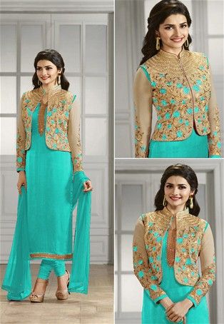 Turquoise Georgette Jacket Style Salwar Kameez #collarneck #Style .