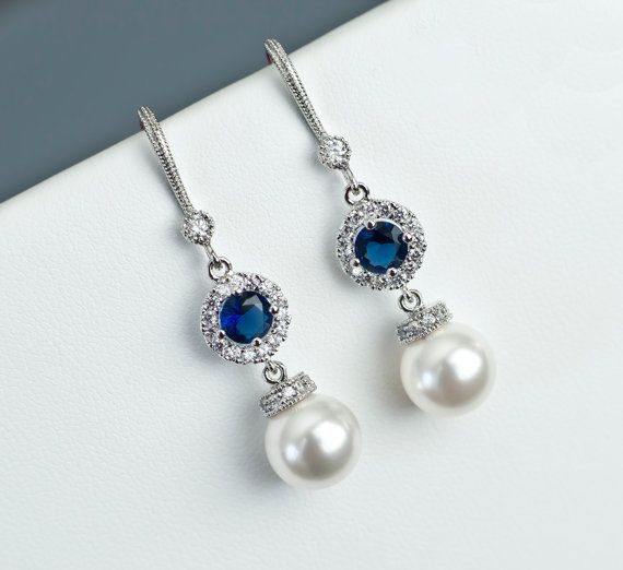 Bridal Earrings Bridal Pearl and Blue Sapphire by CrinaDesign73 .