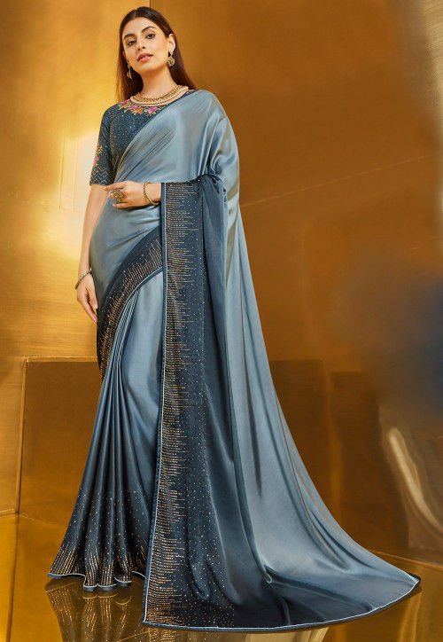Embellished Satin Saree in Grey Ombre : STS41
