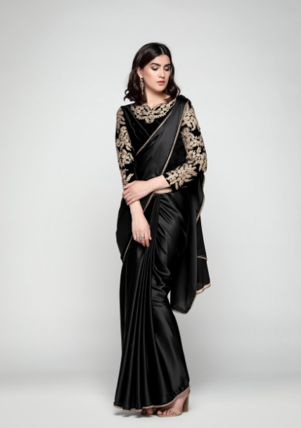 Black Satin Saree With Velvet Blouse | Blouse designs, Saree .
