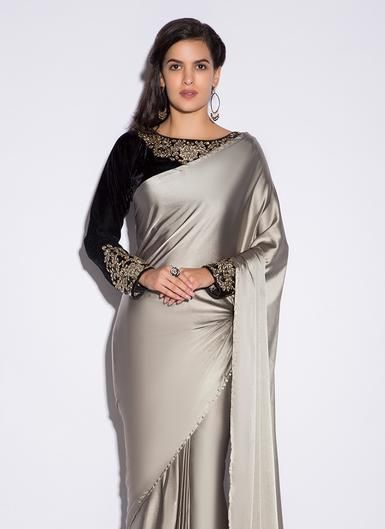 Black and Grey Satin Saree | Satin saree, Indian saree blouses .