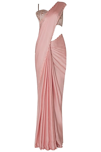 Pink satin saree with embroidered bustier available only at .