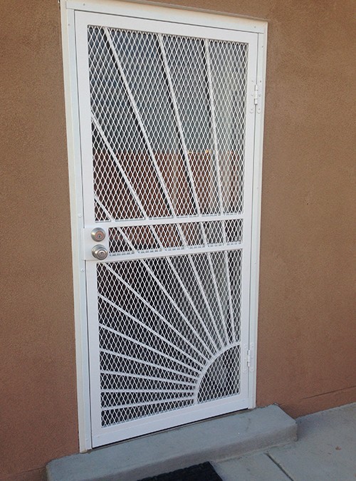 Security screen door with 3/4" expanded metal and Sunray desi