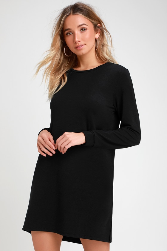 Cute Black Dress - Long Sleeve Shift Dress - Sweater Dre