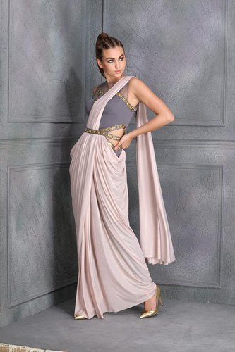 Party Wear Plain Shimmer Pink Lycra Designer Saree, 5.5 m .