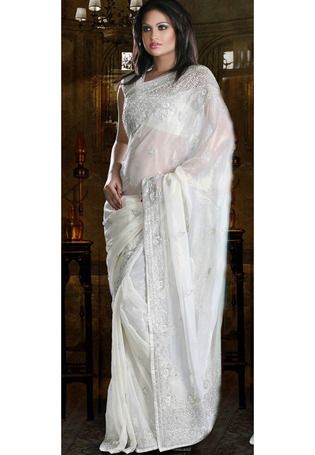 Dew Drop Off White Pure Shimmer Georgette Saree with Blouse (With .