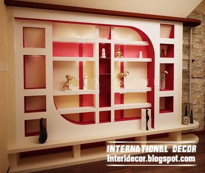 modern gypsum wall decoration and shelves for living room interior .