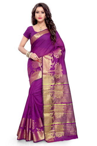 Purple And Golden Casual Wear Fancy Silk Cotton Saree, With Blouse .