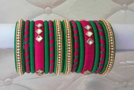 Silk thread bangles Colour Pink and Green 14 Bangles for both | Et