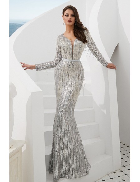 Extravagant Sparkle Silver Long Prom Dress With Beading Tassels .