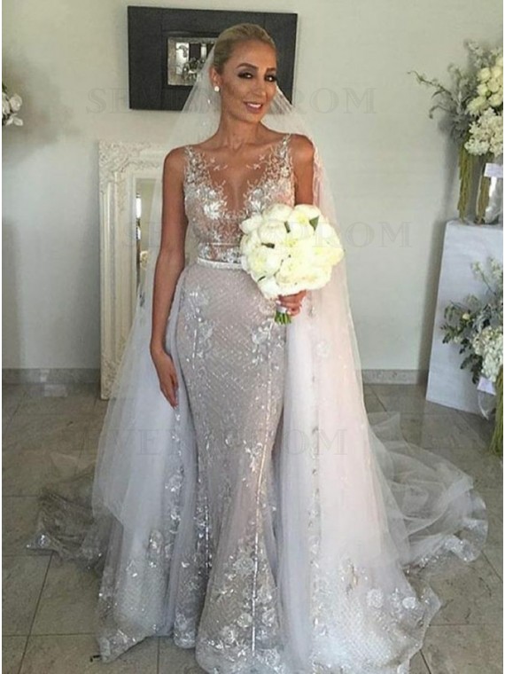 Buy Mermaid Round Neck Silver Detachable Wedding Dress with .