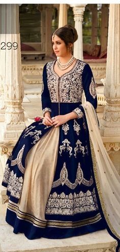 Royal Blue Velvet Silver Designer Anarkali Salwar Suits Golden .