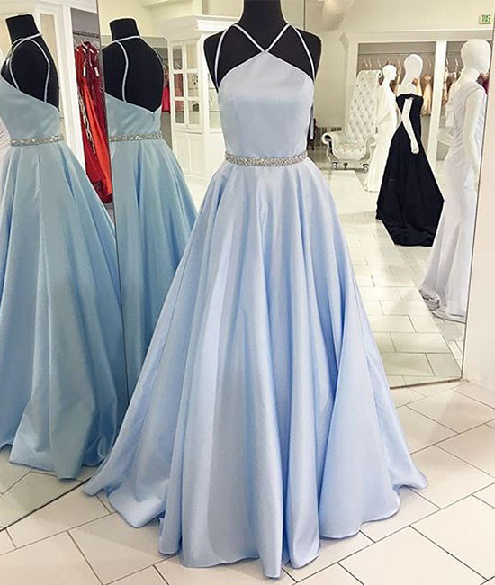 Sky Blue Long Prom Dress,Simple Formal Dress, Satin With Beaded .