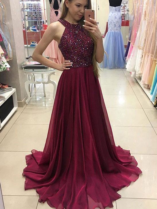 A-line Halter Burgundy Chiffon Long Prom Dresses,Simple Pageant .