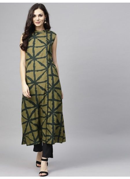 Olive Printed Sleeveless Kurta (With images) | Designer kurti patter