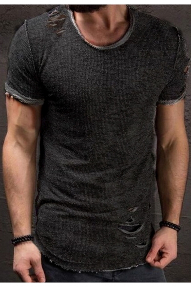Retro Ripped Detail Basic Short Sleeve Solid Slim Fit T-Shirt for .