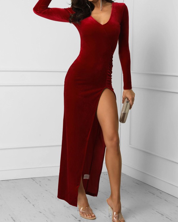 V-Neck Long Sleeve Thigh Slit Dress Online. Discover hottest trend .
