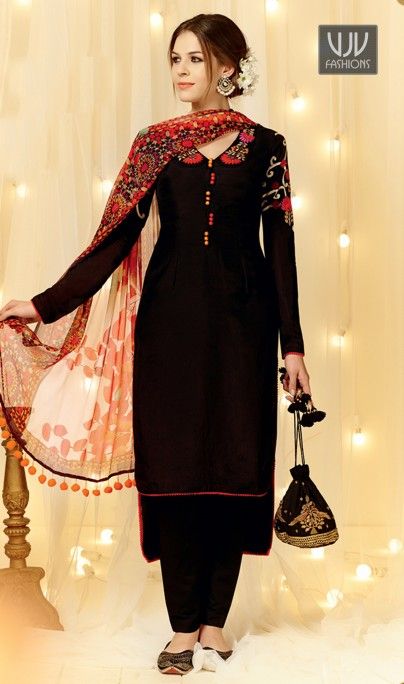 Intricate Black Embroidered Work Designer Straight Salwar Suit .