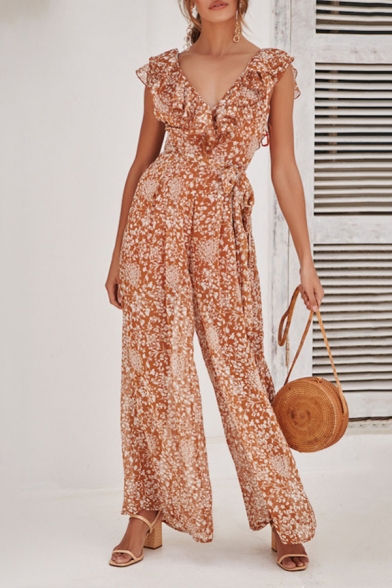 Summer Holiday Chic Floral Printed Ruffled V-Neck Casual Wide-Leg .