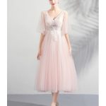 Elegant Peachy Pink Tulle Tea Length Wedding Party Dress With .