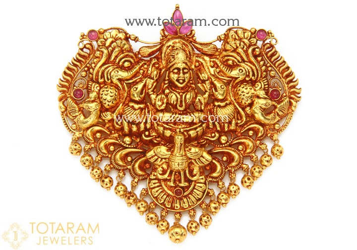 22K Gold 'Gaja Lakshmi' Pendant with Beads (Temple Jewellery .