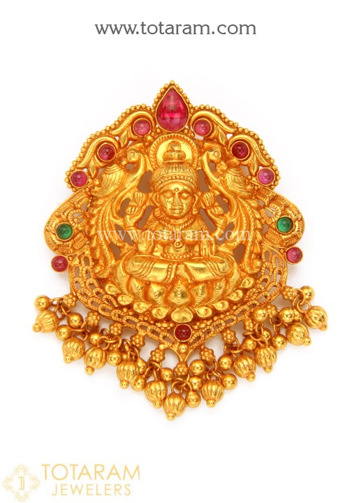 22K Gold 'Lakshmi' Pendant with Beads (Temple Jewellery) - 235 .