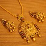 Matt Gold Finish Multicolour Temple Jewellery Pendant Set - Sanvi .