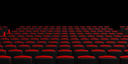 Red Theater Chairs On Dark Background, View From Behind, Copyspace .