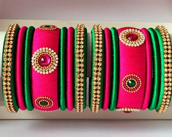 Silk Thread Bangles Set of 14 - Pink & Green Color | Thread .