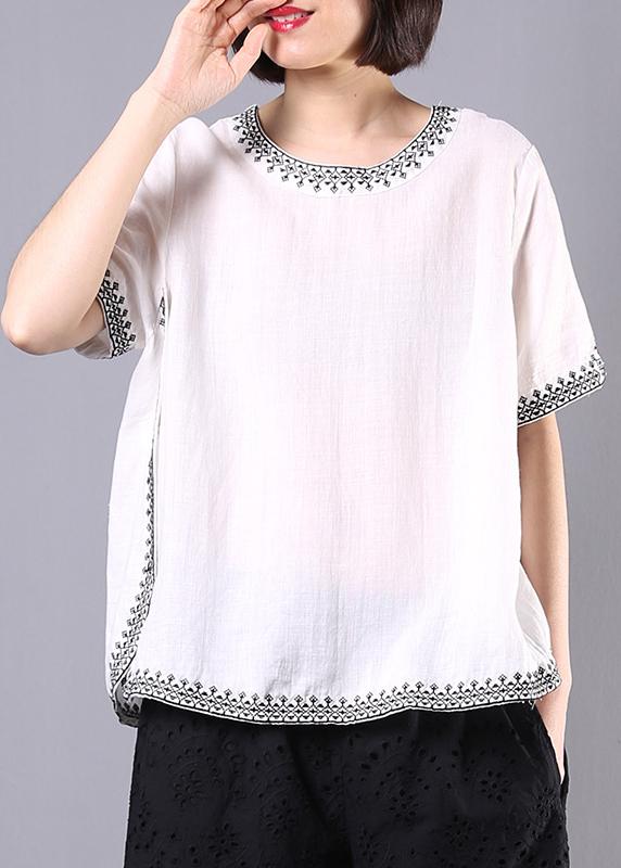 Italian white linen tops women design embroidery summer blouses .