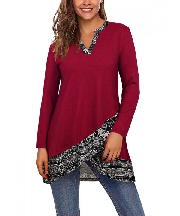 Printed Tunic Tops Long Sleeve Notch Neck A Line Casual Layered .