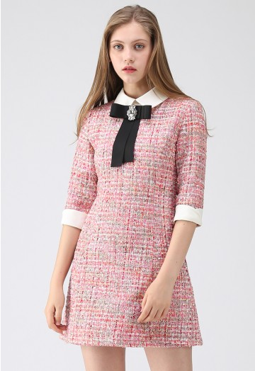 Knock on Your Heart Diamond Bowknot Tweed Dress - Retro, Indie and .