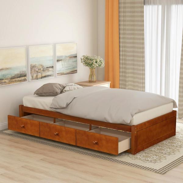 Harper & Bright Designs Oak Twin Size Platform Storage Bed with 3 .