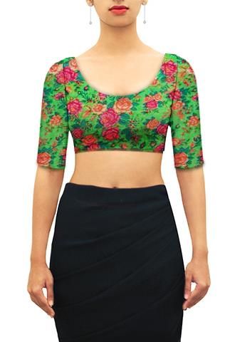 Floral print on kota silk U neck blouse. | Blouse designs, Saree .