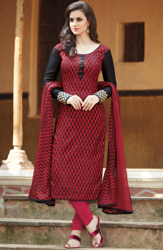 Black and Red Cotton Silk Unstitched Salwar Kameez .