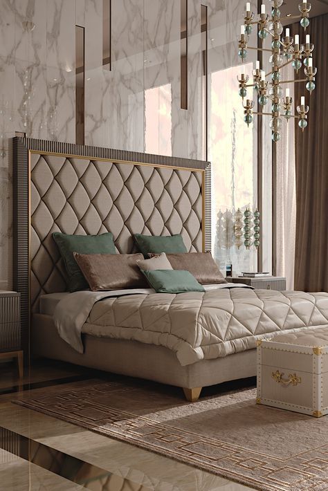 Italian Designer Art Deco Inspired Upholstered Bed with Tall .