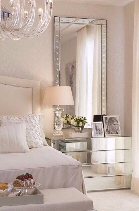 White bedroom with mirrored furniture | Elegant bedroom design .