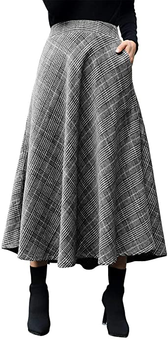 IDEALSANXUN Womens Plaid Wool Skirts Elastic Waist A-Line Pleated .