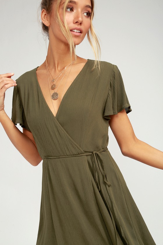 Cute Olive Green Dress - Wrap Dress - Short Sleeve Dre