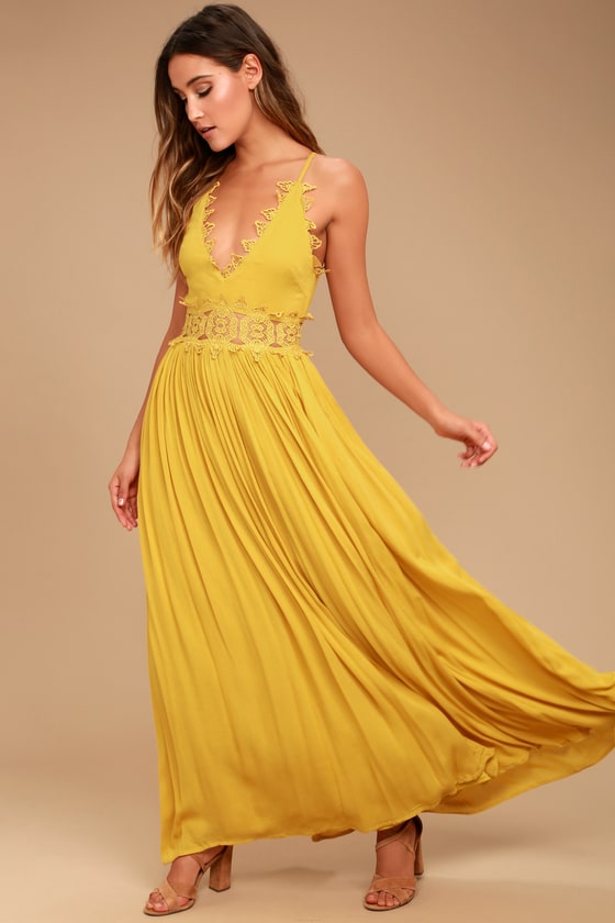 Mustard Yellow Maxi Dress - Lace Maxi Dress - Plunge Ne