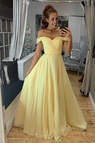 Off Shoulder Yellow Chiffon Long Prom Dress with Beads, Off the .
