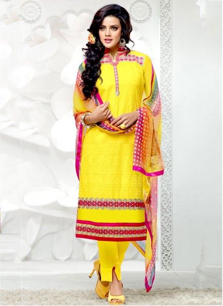 Pristine Yellow Cotton Lace Work Party Wear Designer Salwar Su