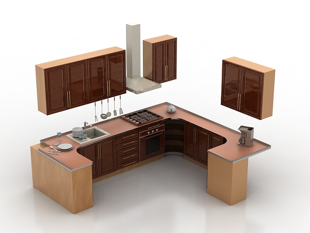 Small U-shaped kitchen design 3d model - CadN