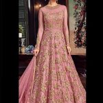 Pink and Gold Embroidered Branded Premium Net Anarkali Salwar Suit .