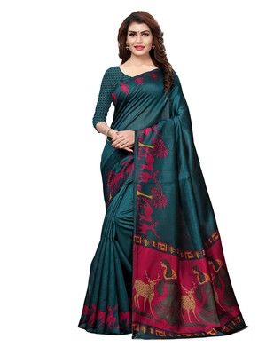 Teal Green Plain Art Silk Saree With Blouse - Satrani Fashion .