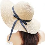 Itopfox Women's Big Brim Sun Hat Floppy Foldable Bowknot Straw Hat .