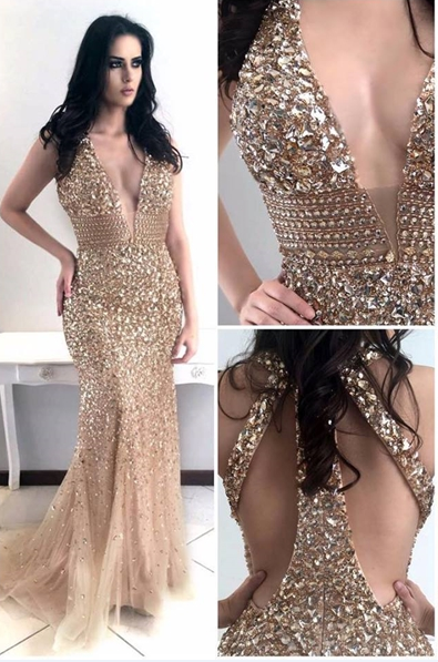 Gold Heavy Beaded Mermaid Prom Dress,Charming Beaded Evening Dress .