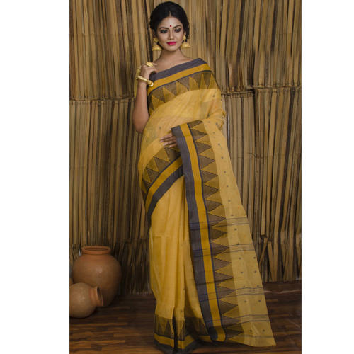 Pure Handloom Bengal Cotton Saree in Yellow and Gray, हथकरघा .